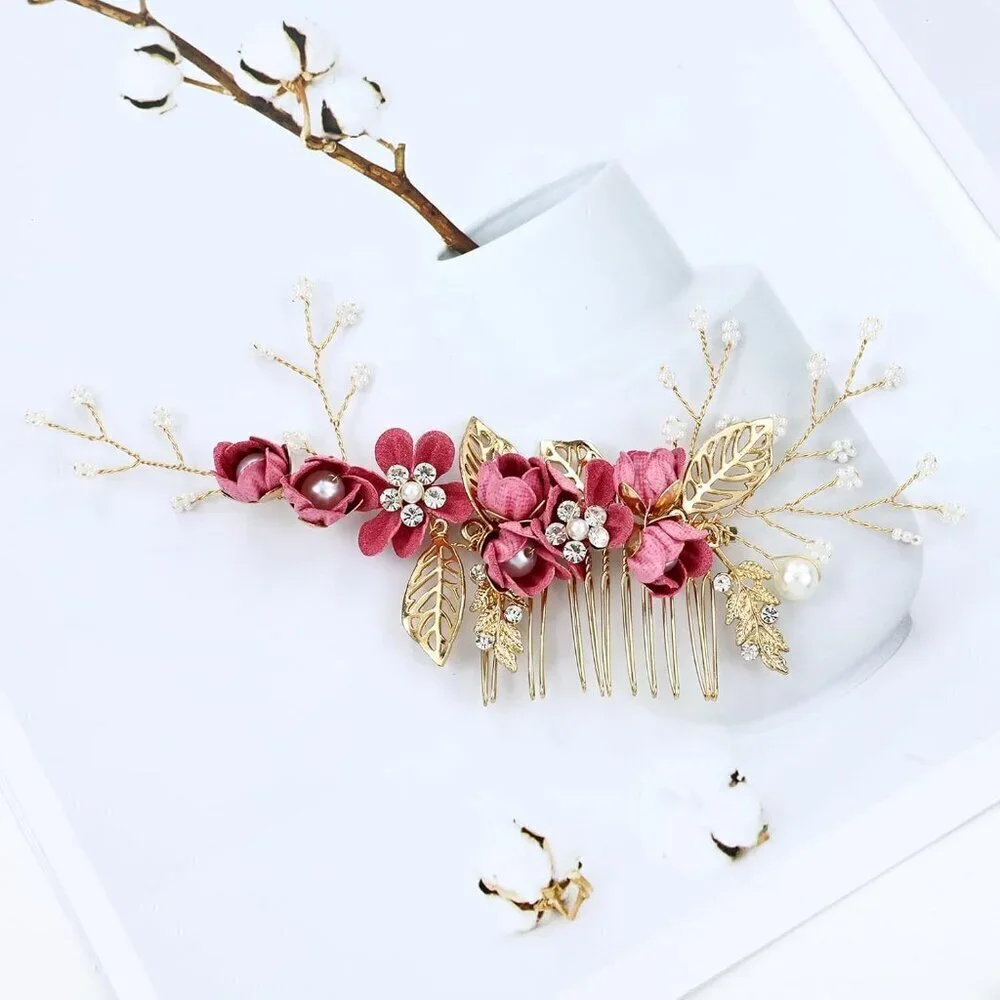 18 Pieces Bridal Wedding Party Prom Pearl Rhinestone Rose Red Flower Hair Side C